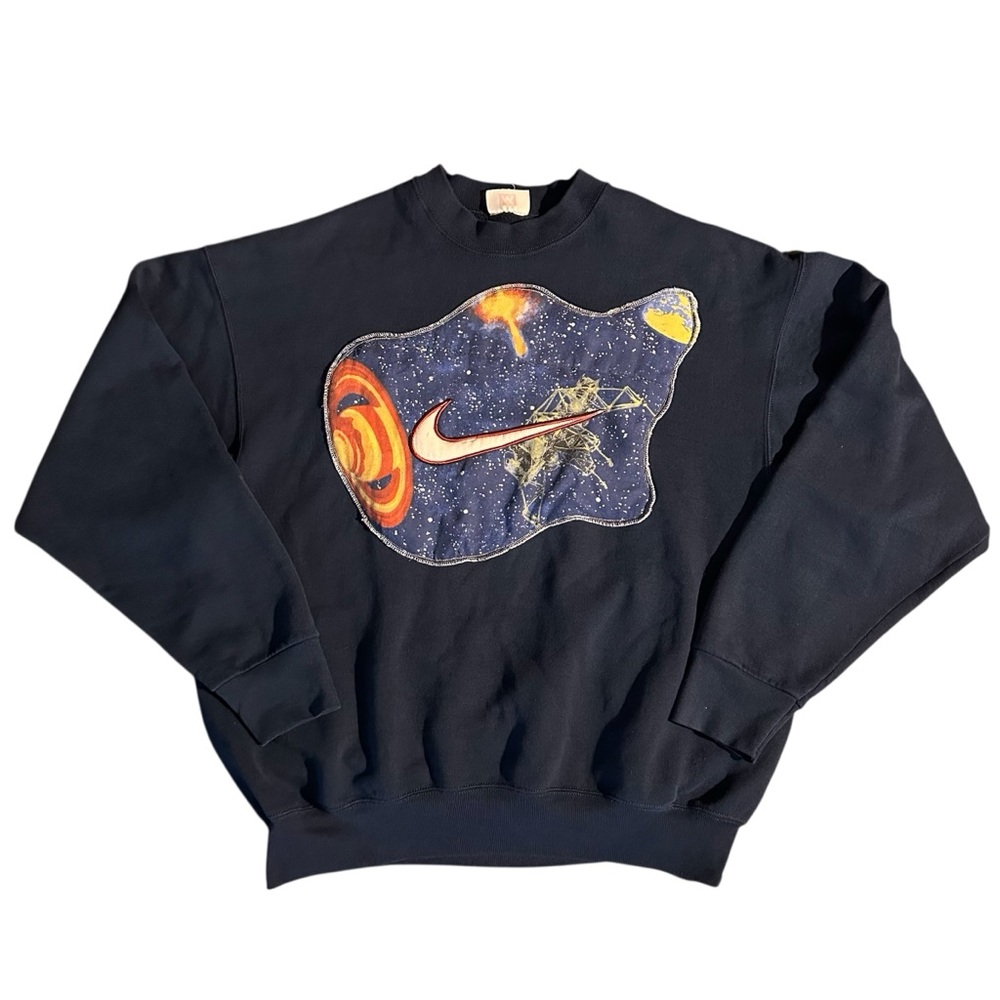 Upcycled Nike Space Galaxy Unisex Navy Blue Fleece Crewneck Sweatshirt - L/XL